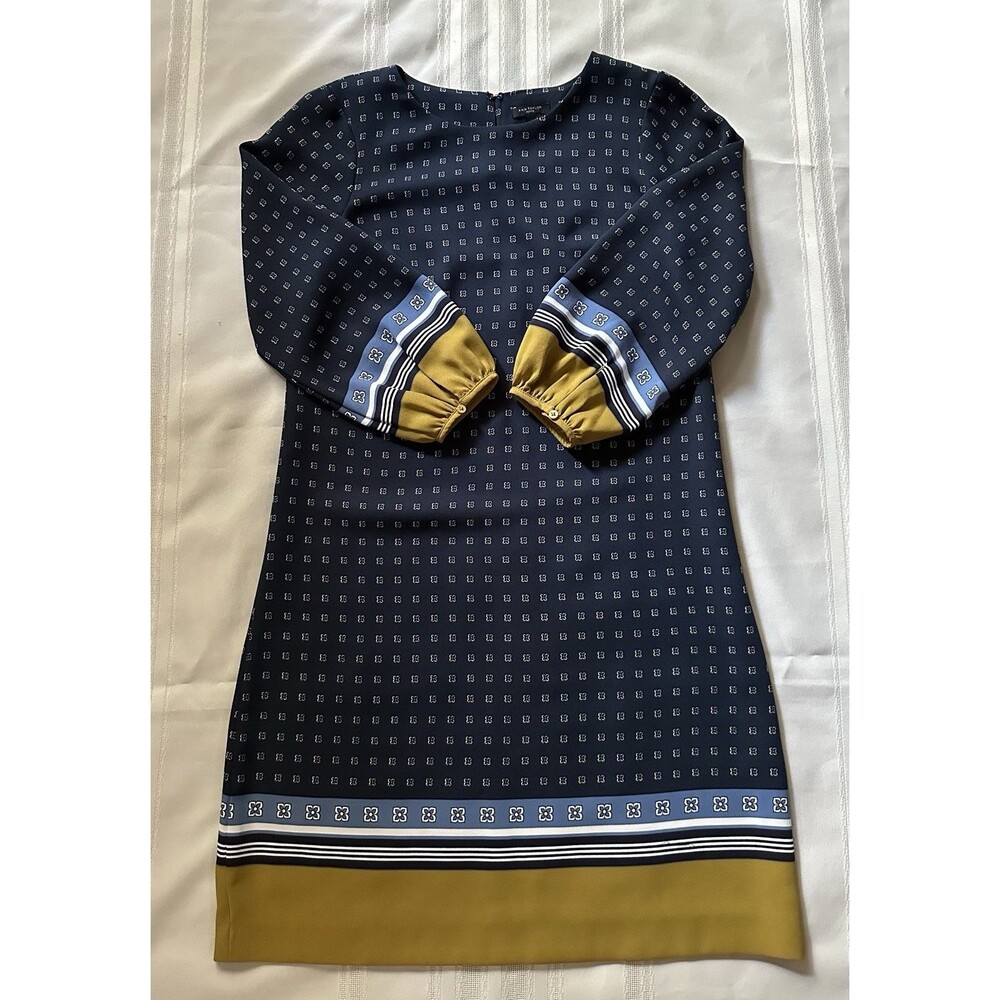 Ann Taylor Dress Size 0P Blue Shift Geo Floral  Print  Contrast Hem Career Women - Picture 3 of 15